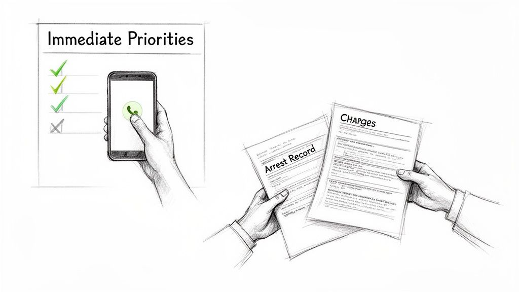 A sketch illustrating immediate priorities after an arrest, showing a phone call and reviewing legal documents.