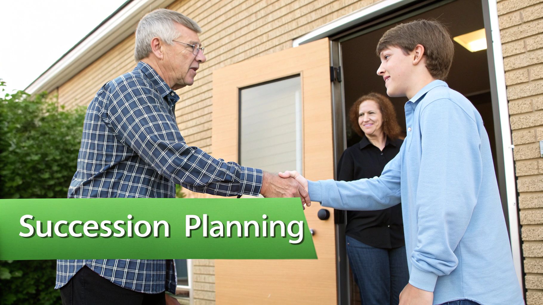 An older man shakes hands with a younger man, representing business succession planning.