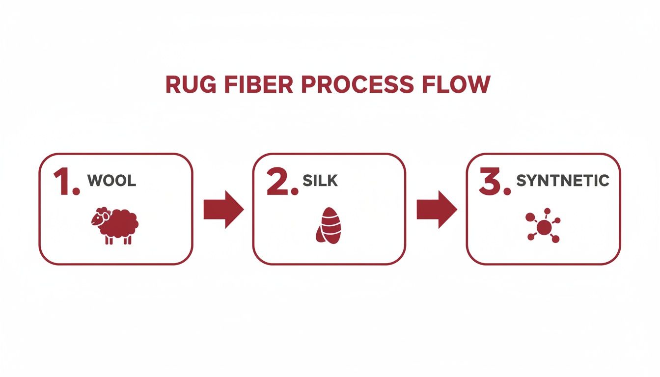 Flowchart illustrating rug fiber types: wool, silk, and synthetic materials used in rug production.