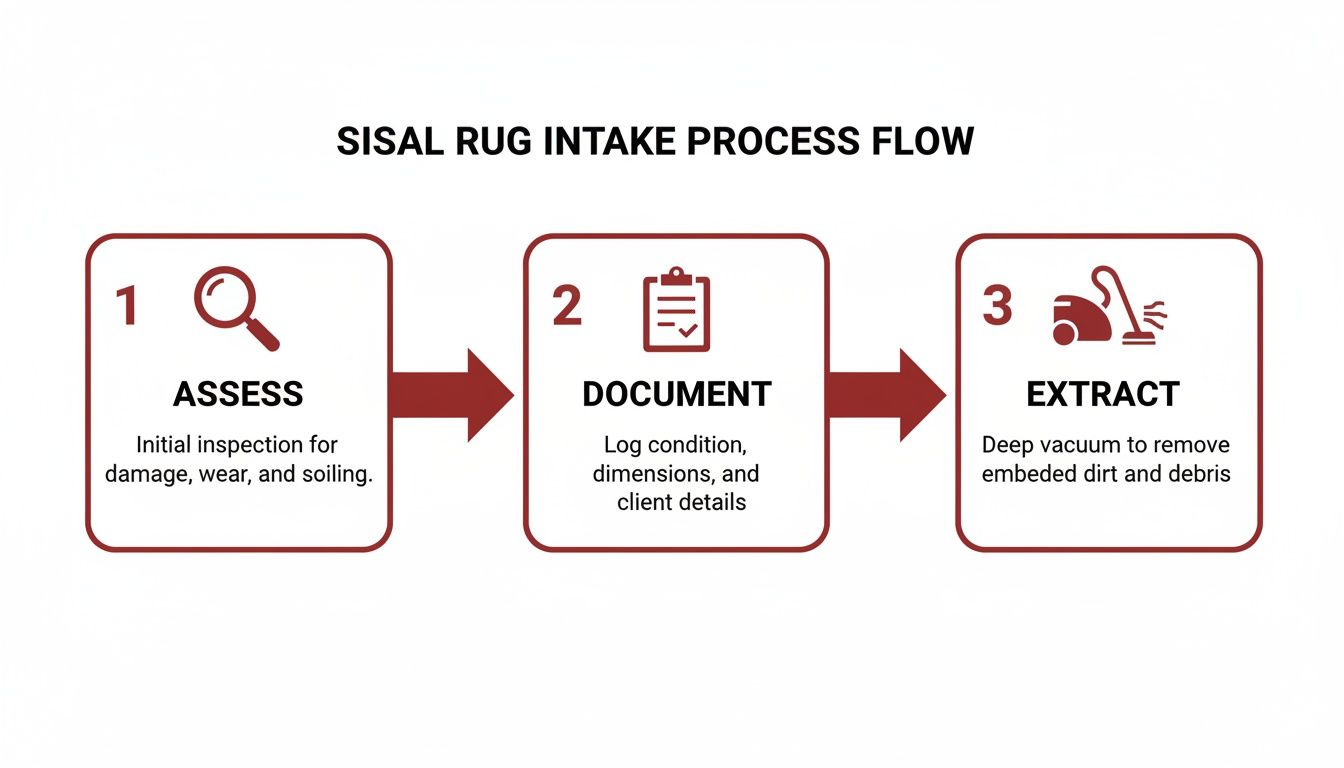 Flowchart detailing the sisal rug intake process: Assess, Document, and Extract for cleaning.