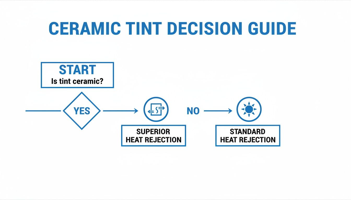 A flowchart titled 'Ceramic Tint Decision Guide' showing a choice between superior or standard heat rejection.