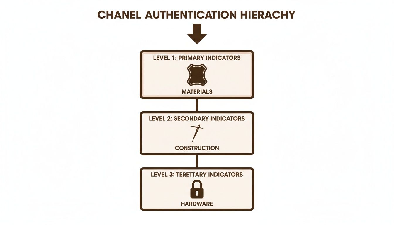 A flowchart illustrates the Chanel authentication hierarchy, detailing primary, secondary, and tertiary indicators: materials, construction, and hardware.
