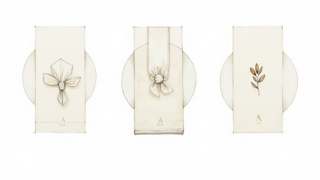 Sketches of elegant cream table linens showcasing various creative folds and a subtle botanical sprig.