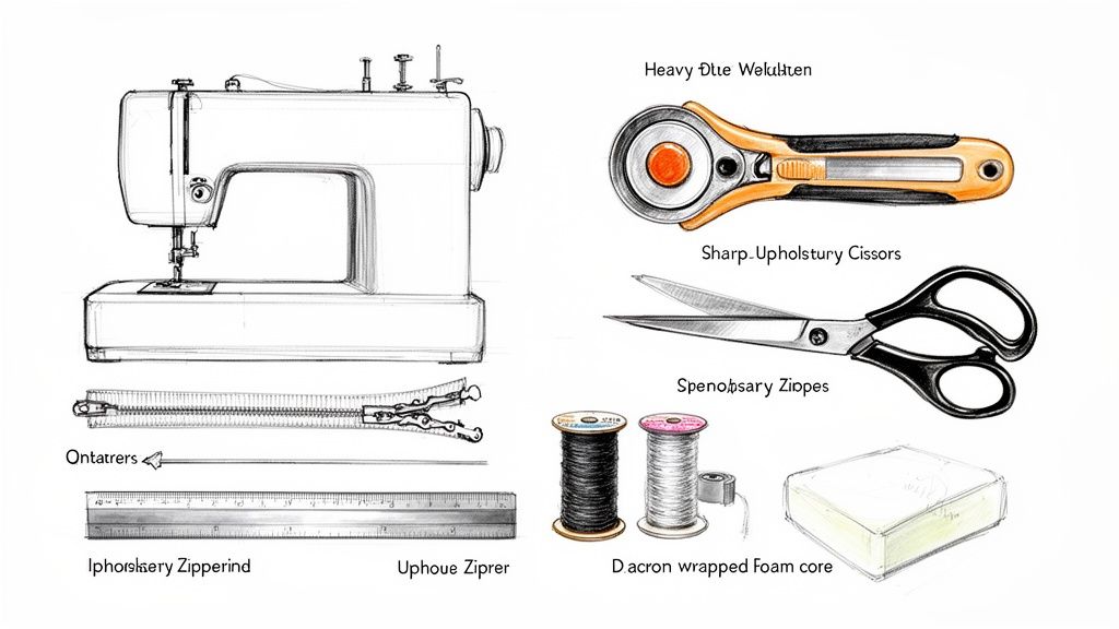 An assortment of essential sewing and upholstery tools, including a machine, rotary cutter, scissors, and thread.