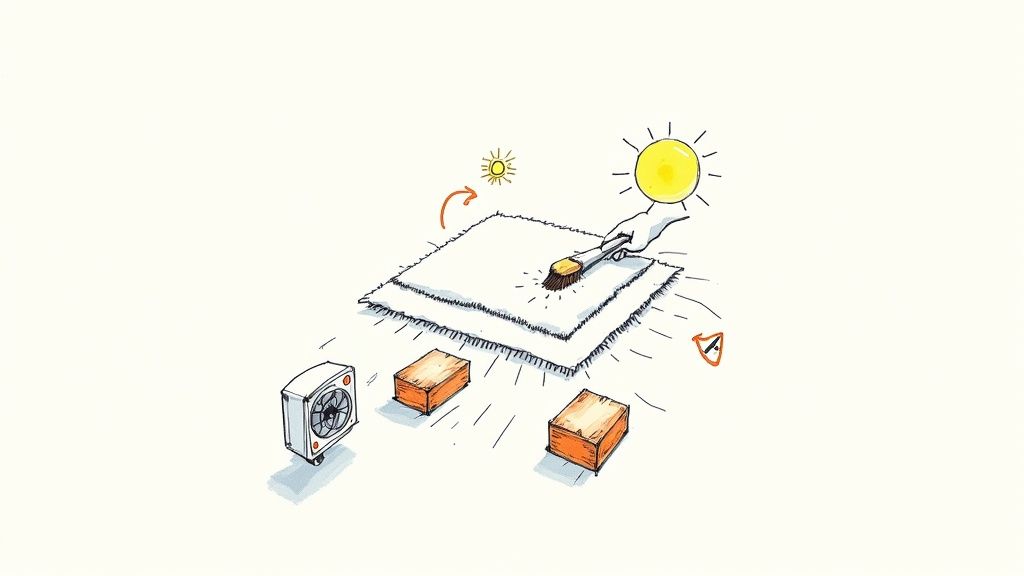 Illustration demonstrating rug cleaning and drying process with brushing, sun, fan, and support.