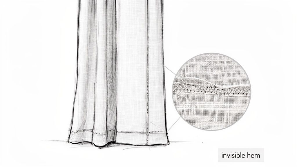 A detailed sketch illustrating an invisible hem stitch on light fabric, with a magnified close-up.