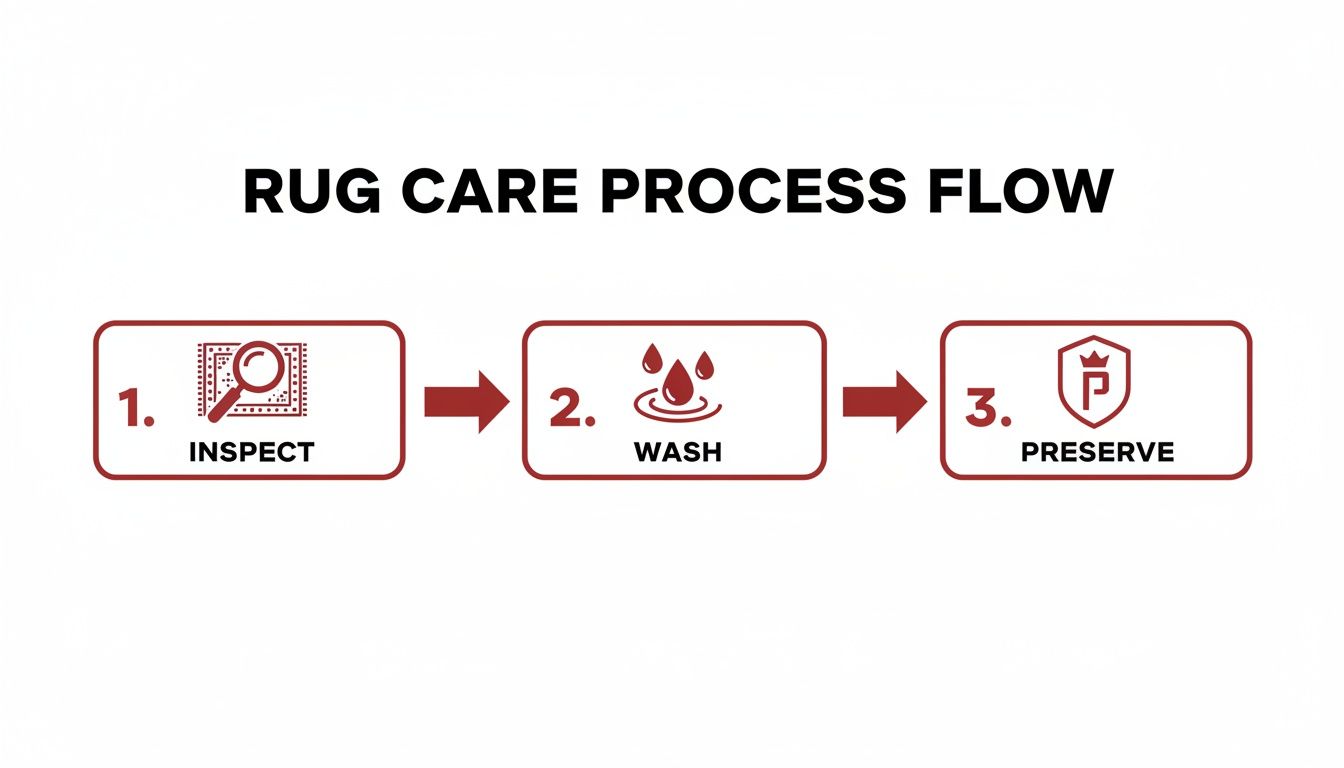 Flowchart showing a three-step rug care process: inspect, wash, and preserve, with descriptive icons.