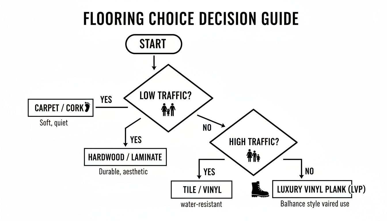 A flowchart decision guide helps choose flooring based on low or high traffic areas.