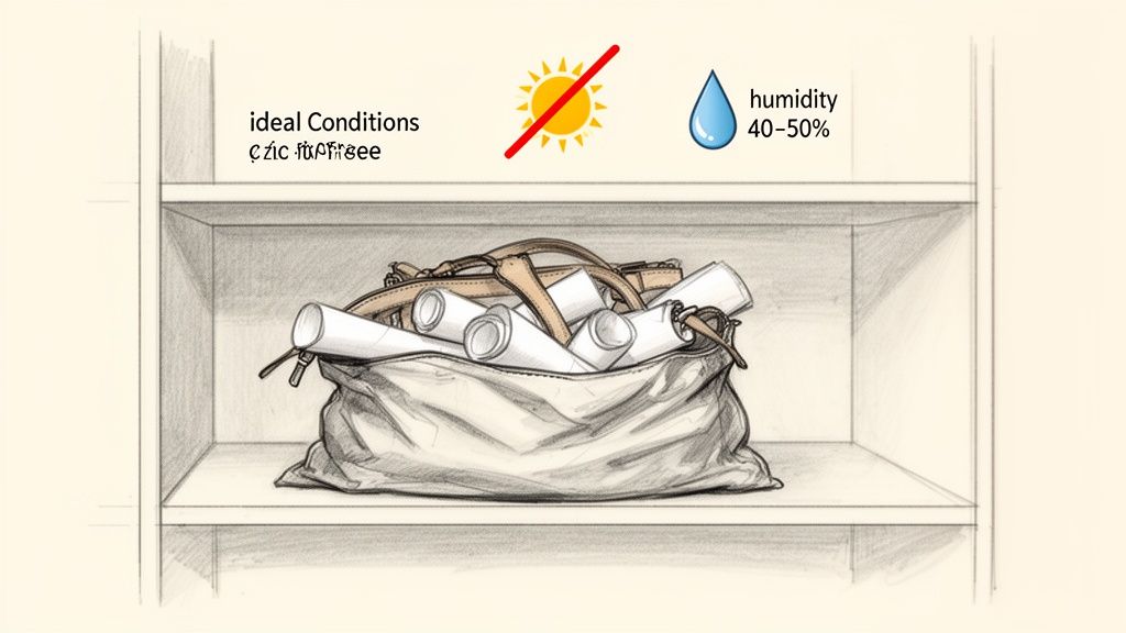Sketch of a leather bag with scrolls on a shelf, stored under ideal conditions: no direct sun, 40-50% humidity.