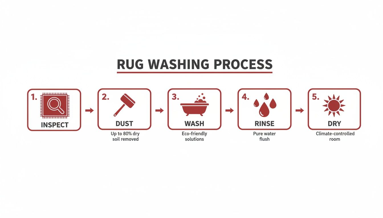 A five-step rug washing process diagram showing inspect, dust, wash, rinse, and dry.