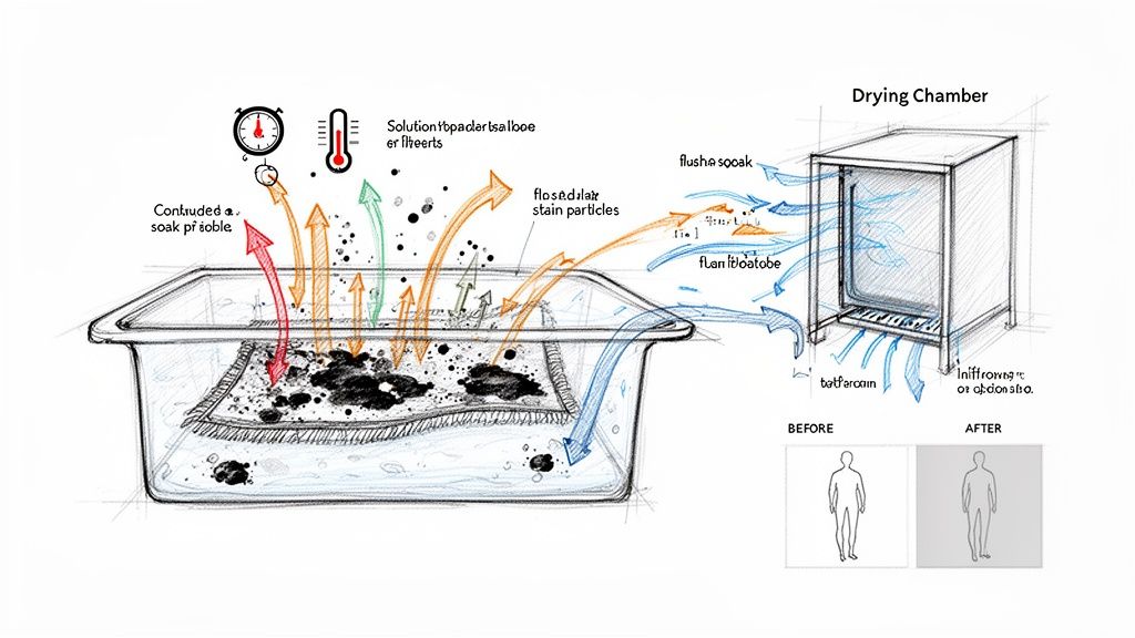 Illustrated steps for cleaning a stained carpet, including soaking and a drying chamber.
