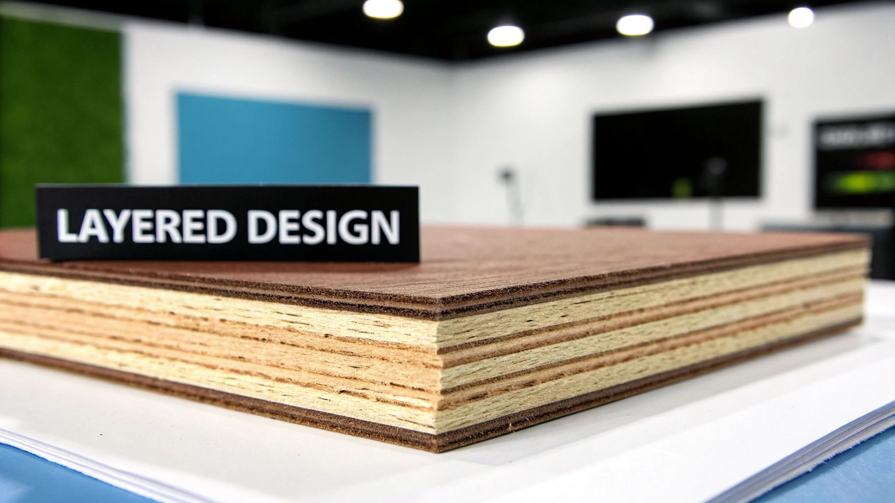 A close-up of a piece of layered engineered wood or plywood with a sign reading 'LAYERED DESIGN'.