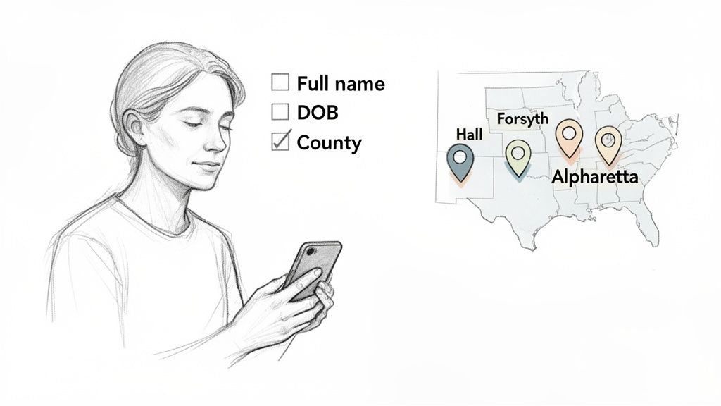 A person uses a phone to select 'County' from a checklist, with a map showing locations like Forsyth, Hall, and Alpharetta.