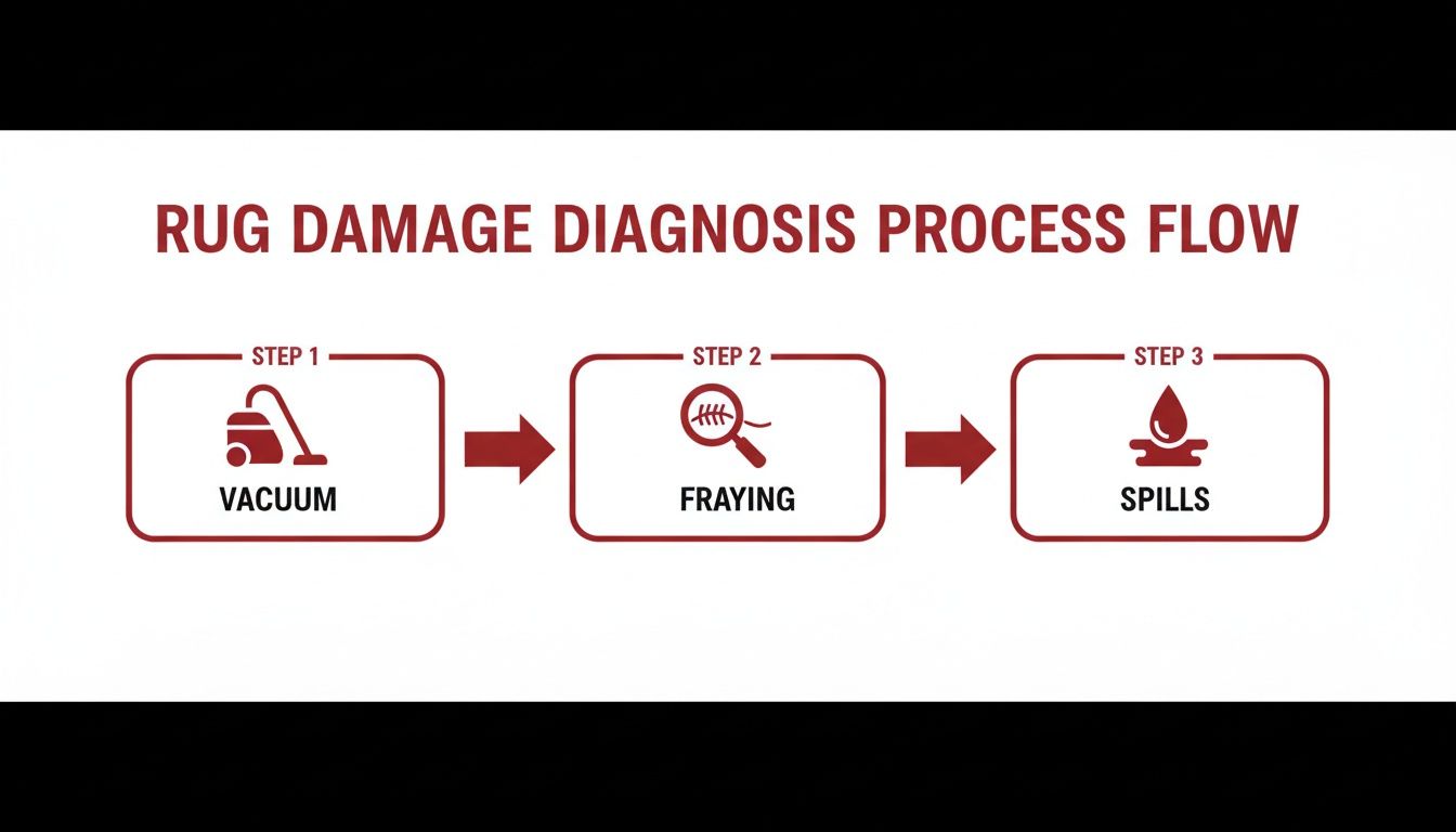 A three-step process flow diagram for rug damage diagnosis, showing vacuuming, fraying, and spills.