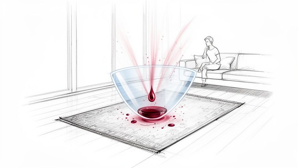 Conceptual sketch of red liquid dripping and splattering on a rug, with a person in the background.