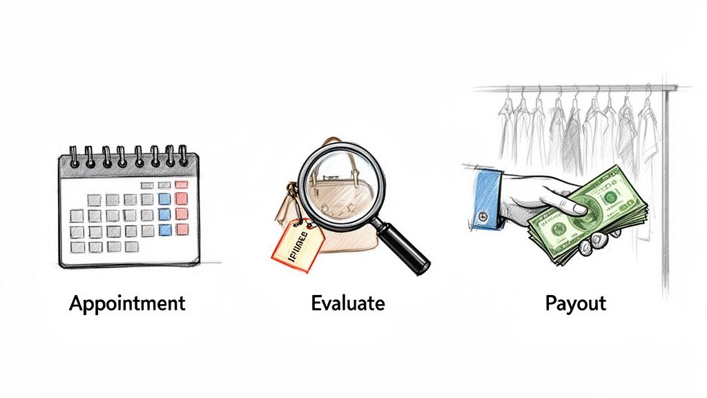 Three steps for selling clothes: appointment scheduling, item evaluation, and cash payout.