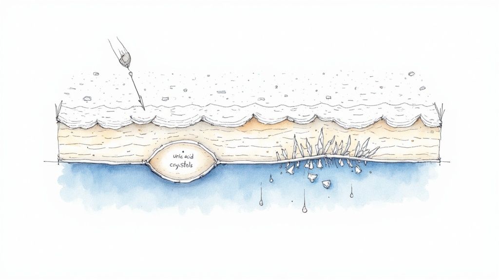 Illustration showing uric acid crystals forming within tissue, with sharp crystals protruding and breaking into fluid.
