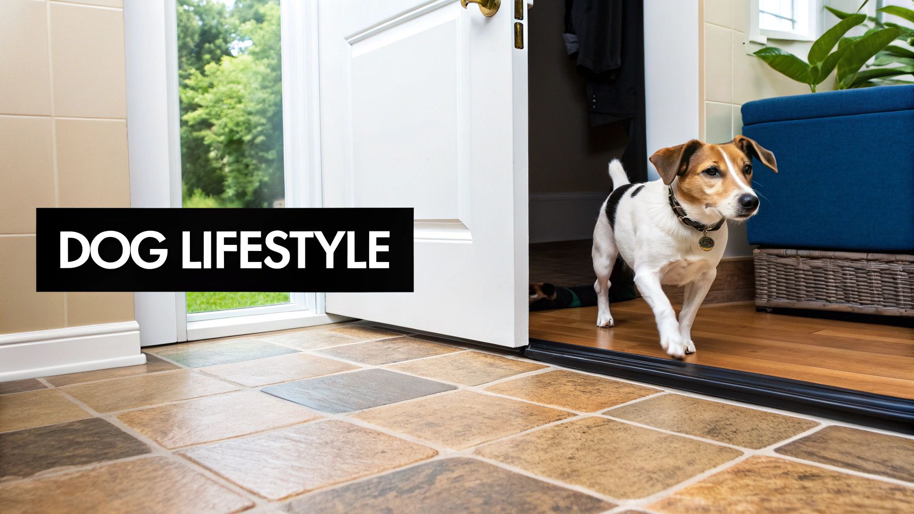 A dog resting comfortably on durable flooring in a living room.