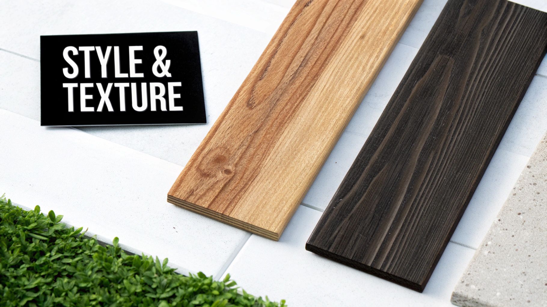 A black sign saying STYLE & TEXTURE, with light and dark wood samples, concrete, and artificial grass.