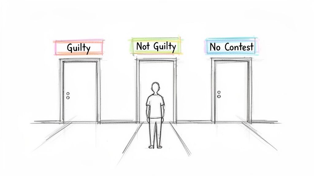 A person stands before three doors labeled 'Guilty,' 'Not Guilty,' and 'No Contest,' representing legal plea options.