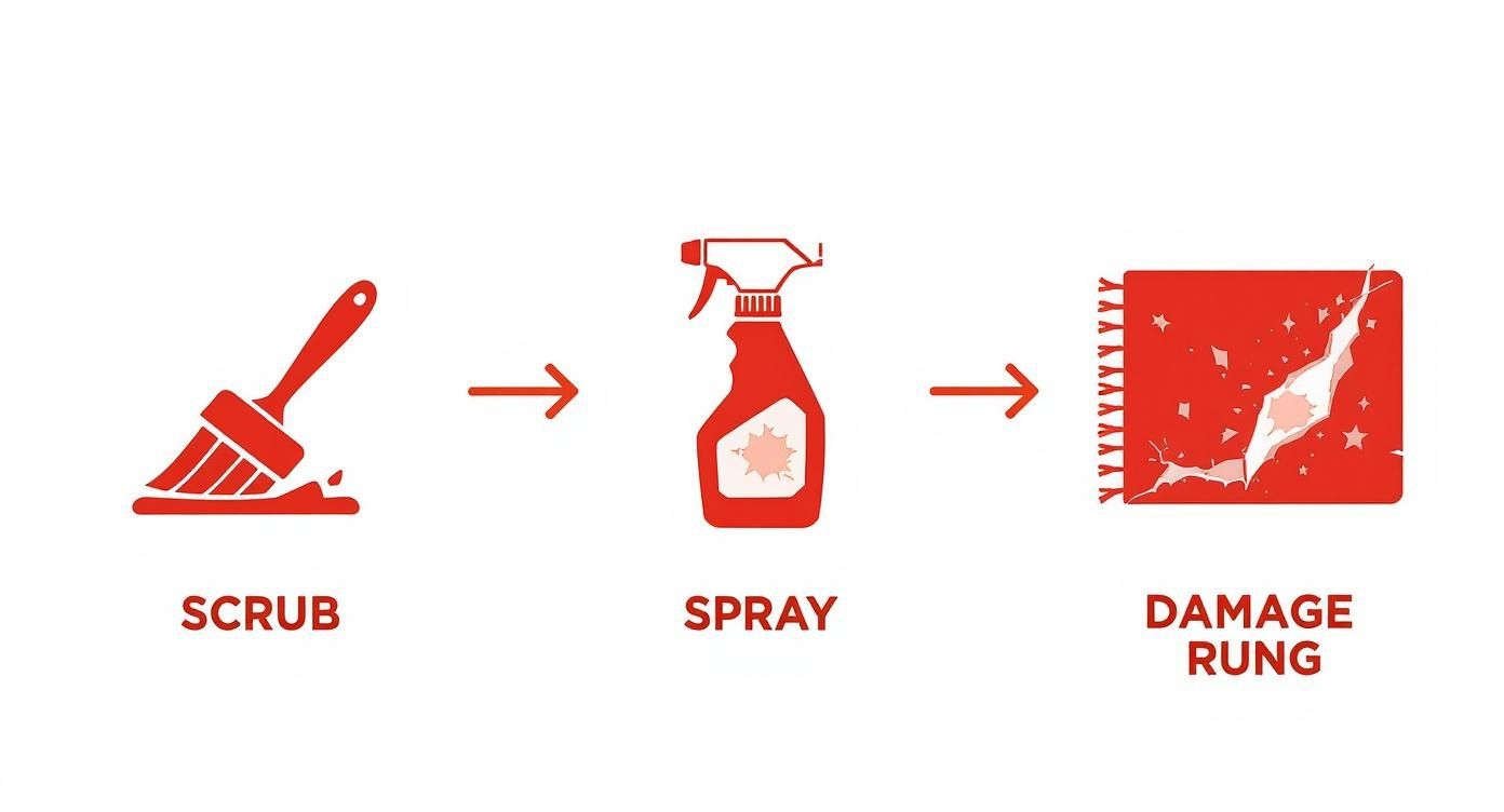 A visual sequence showing a brush, spray bottle, and a damaged rug, illustrating potential harm from cleaning.