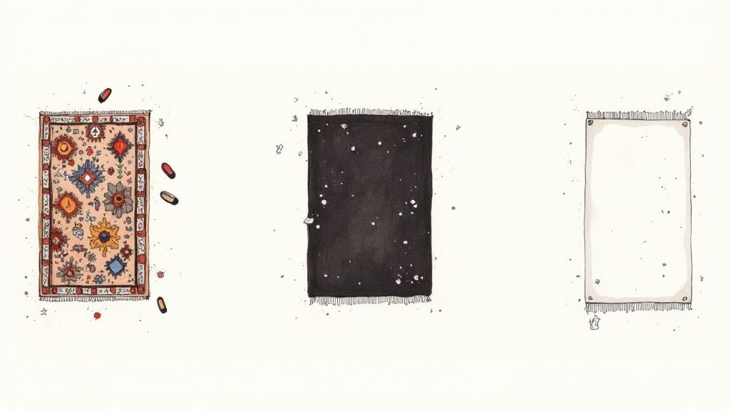 Three artistic rugs: a colorful patterned rug, a black starry rug, and a plain white rug.