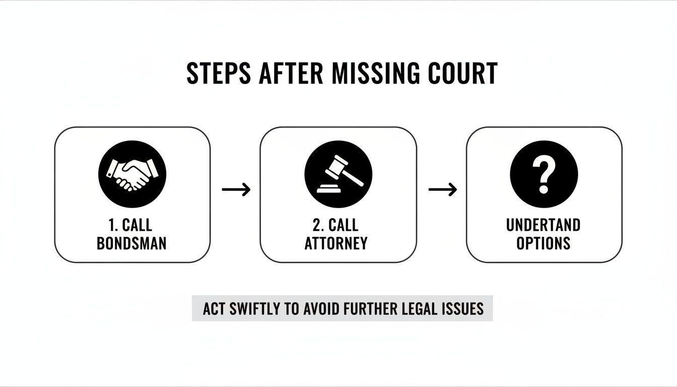 Flowchart showing three steps after missing court: call bondsman, attorney, and understand options.