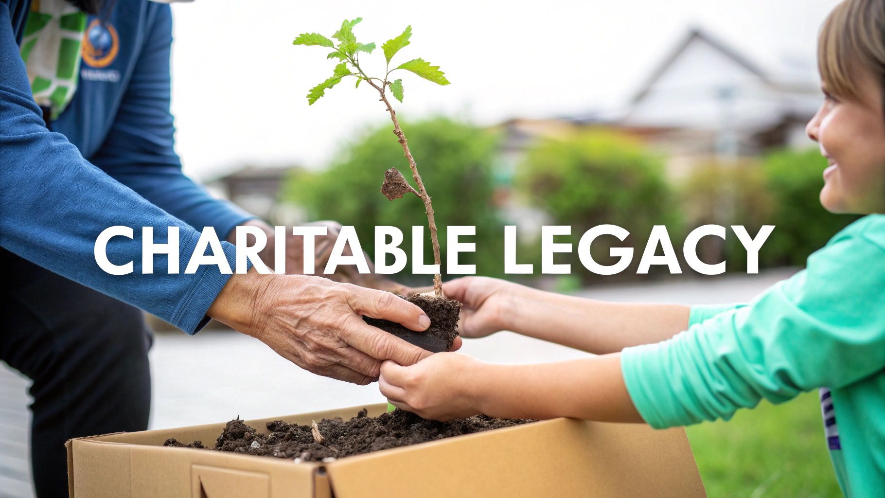 An older person's hands pass a young tree sapling to a child, symbolizing a charitable legacy.