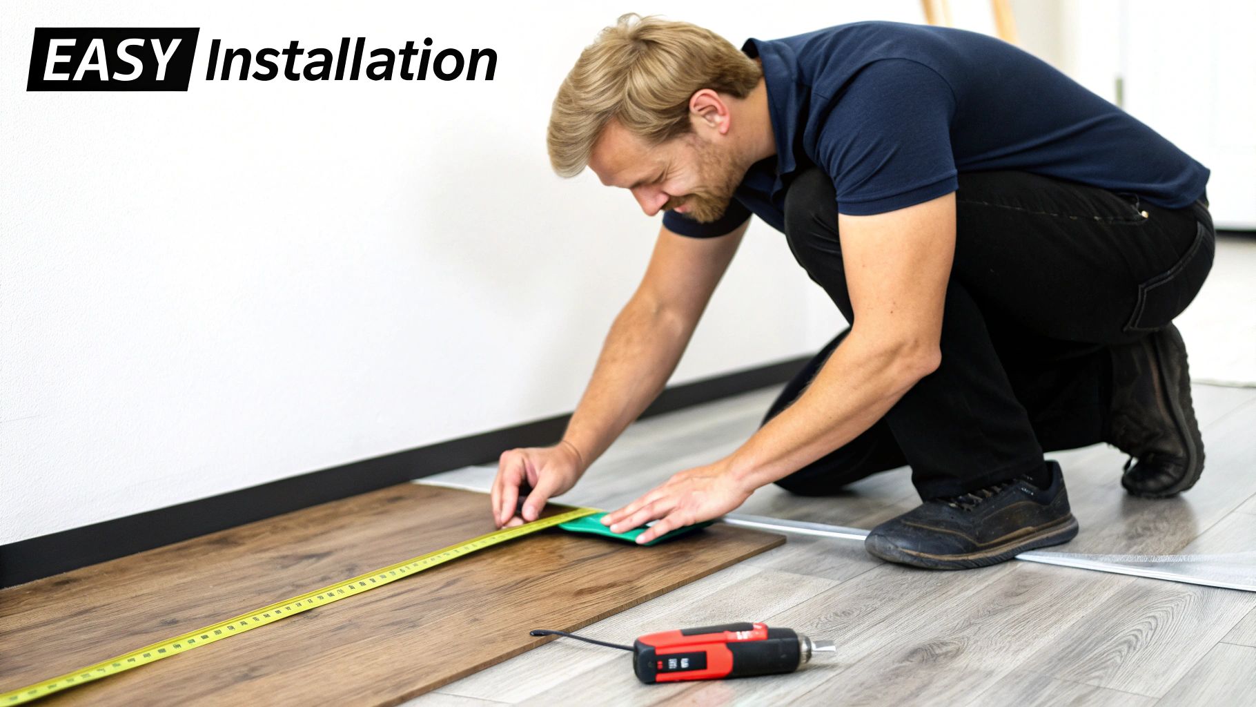 A person installing waterproof vinyl tile flooring in a room.