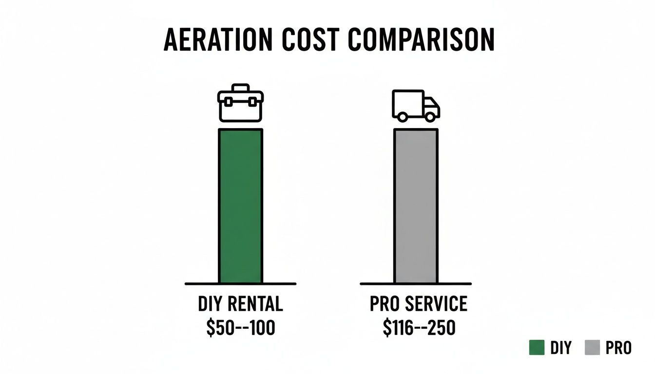 Bar chart comparing aeration costs: DIY rental with a toolbox vs. professional service with a delivery truck.