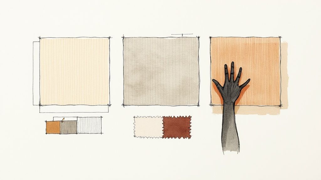 Illustration of fabric swatches in beige, grey, and orange, with a hand selecting one.