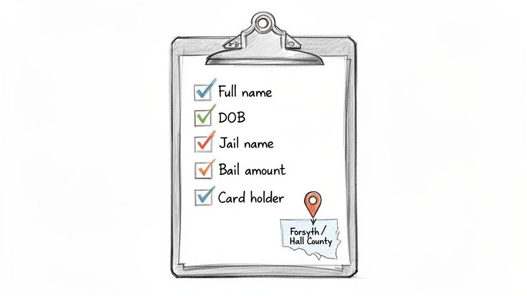 A clipboard with a checklist of requirements: Full name, DOB, Jail name, Bail amount, and Card holder, plus Forsyth/Hall County location.