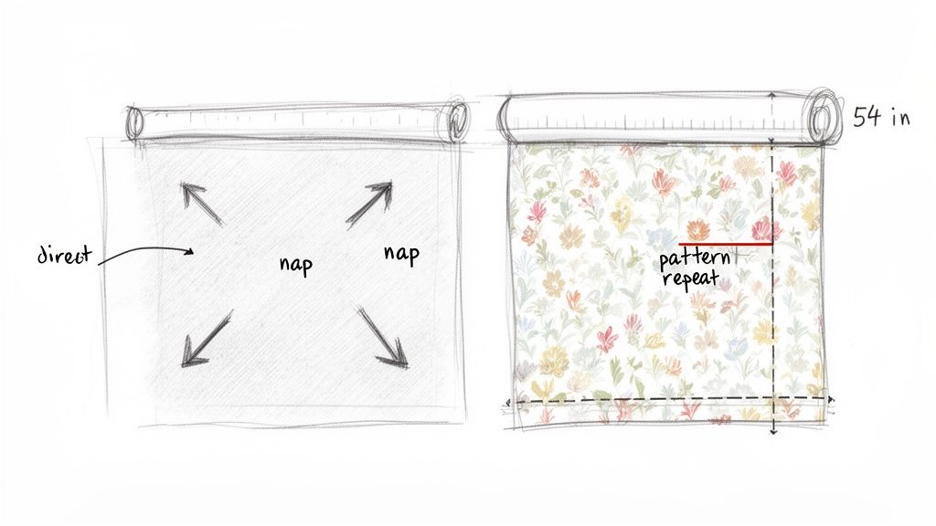 Illustrative sketch of fabric with nap direction, pattern repeat, and 54-inch width measurement.