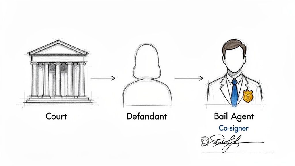 Diagram illustrating the legal process involving a court, defendant, and a bail agent or co-signer.