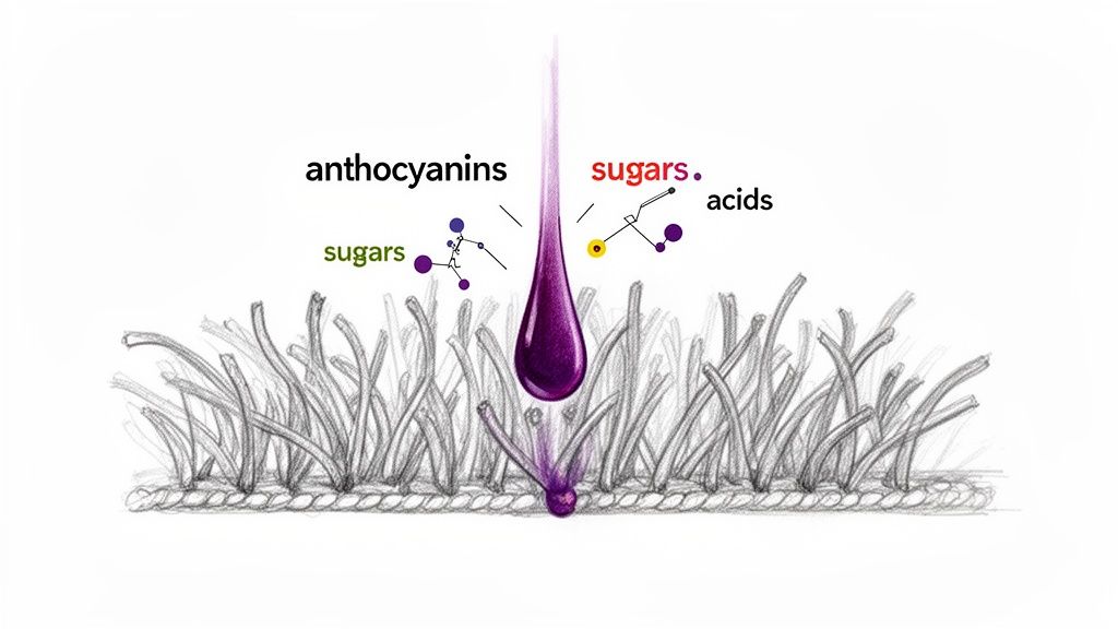 A diagram shows purple liquid with anthocyanins, sugars, and acids soaking into fabric fibers.