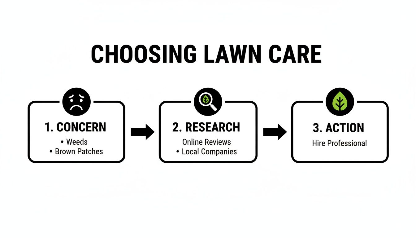 Infographic illustrating a three-step process for choosing lawn care, from concerns to hiring a professional.