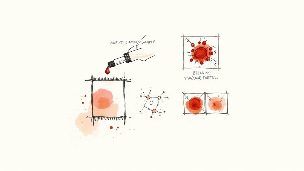 Sketches illustrating the scientific process of analyzing and breaking down a wine stain, showing molecules.