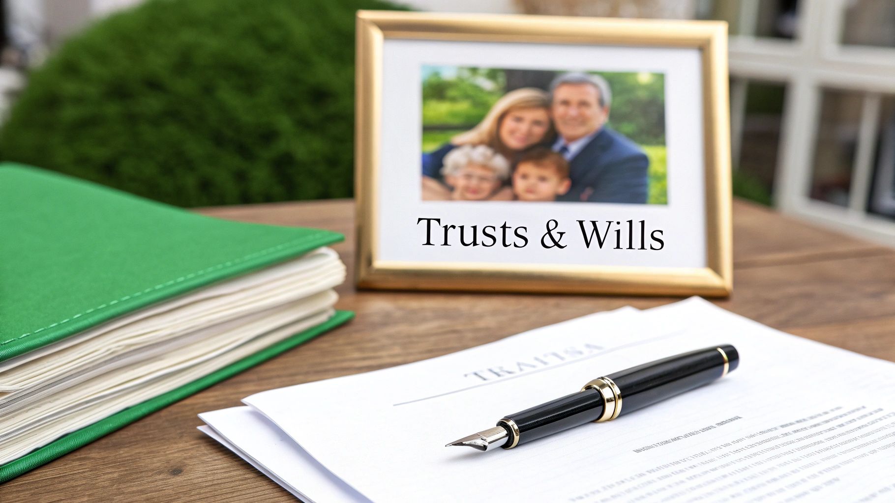 A desk with documents, a fountain pen, a green folder, and a framed family photo with 'Trusts & Wills' text.