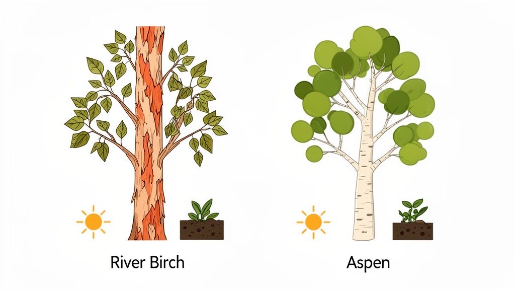 Illustration comparing a River Birch and an Aspen tree, showing their bark, leaves, sun, and seedlings.