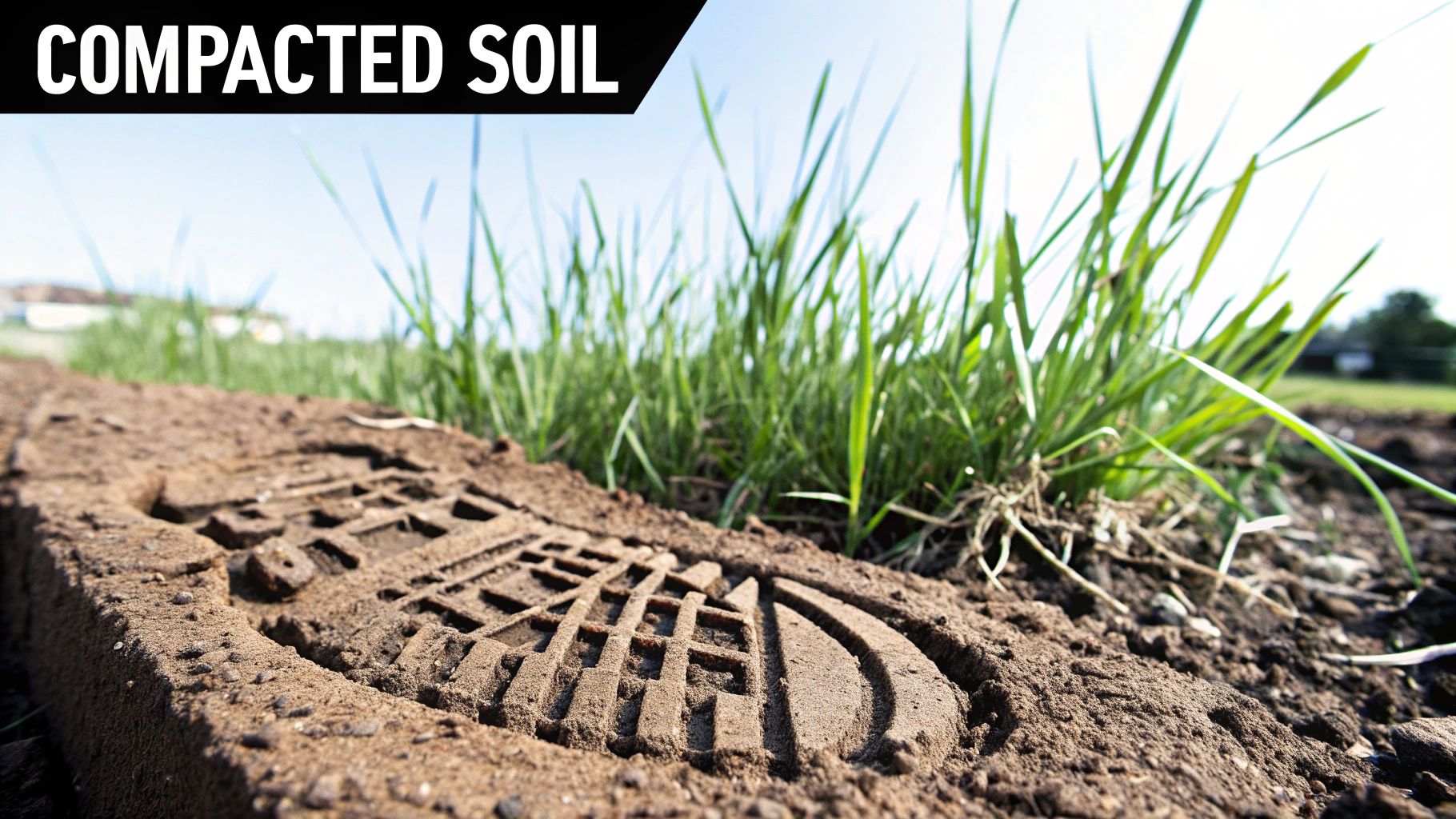 A close-up of a deep footprint in compacted brown soil, with green grass in the background.