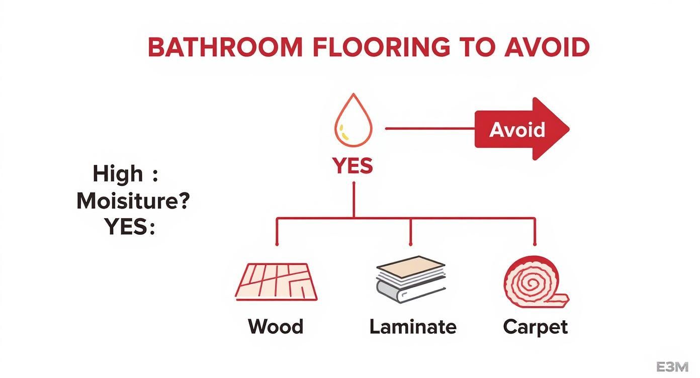 An infographic decision tree showing that in high moisture environments, you should avoid wood, laminate, and carpet flooring.