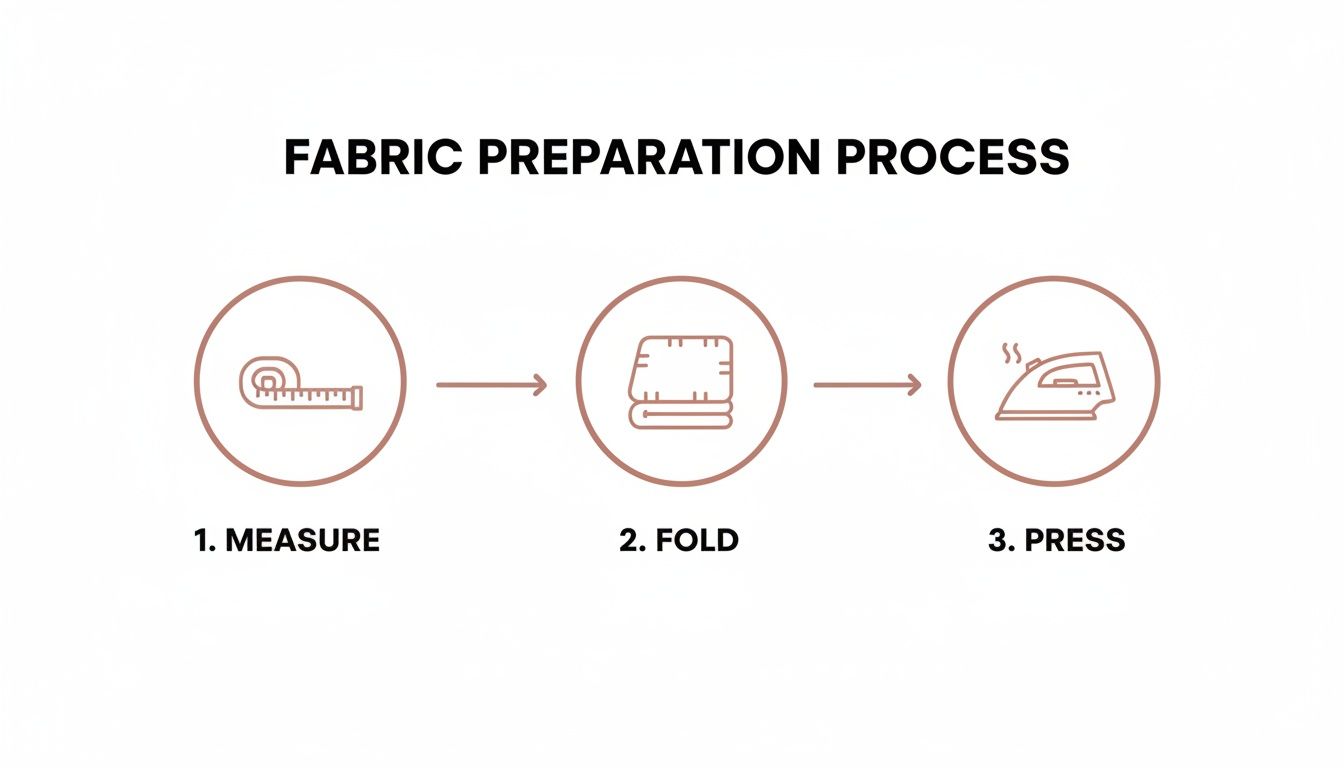 A diagram illustrating the fabric preparation process with three essential steps: measure, fold, and press.
