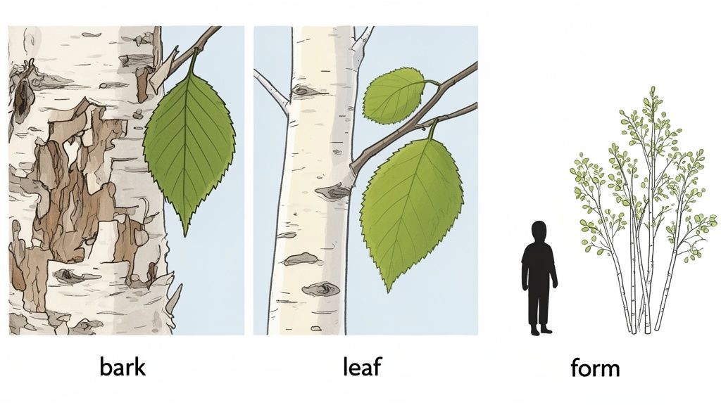 Illustrations show the peeling bark, serrated leaves, and multi-stemmed form of a birch tree, with a human silhouette for scale.
