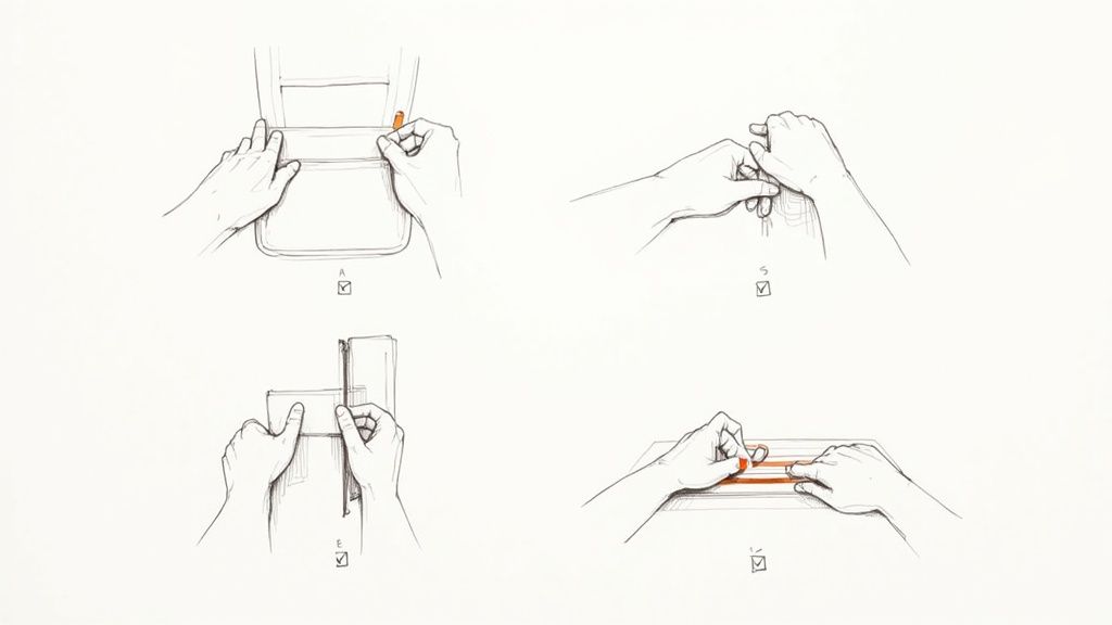 Four hand-drawn illustrations showing different steps of folding and assembly with orange accents.