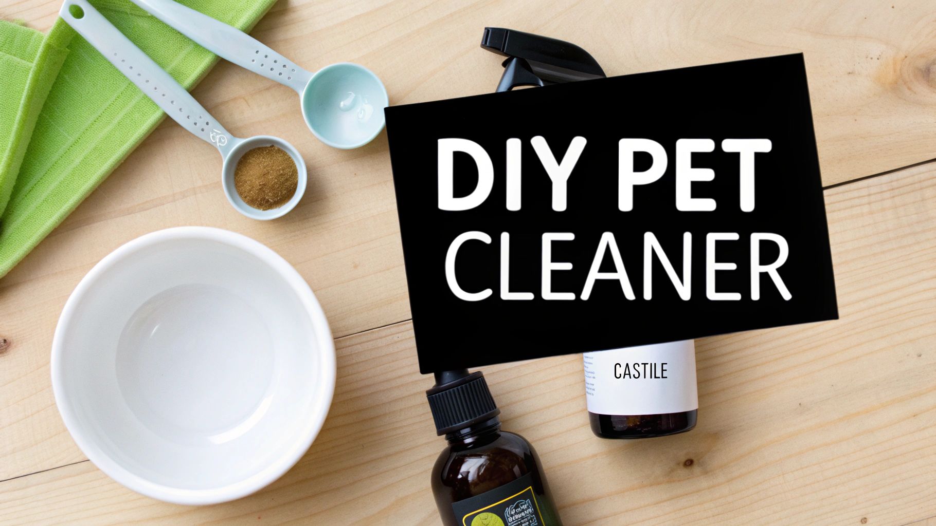 Ingredients and tools for making a DIY pet cleaner, including castile soap, measuring spoons, and a bowl on a wooden surface.