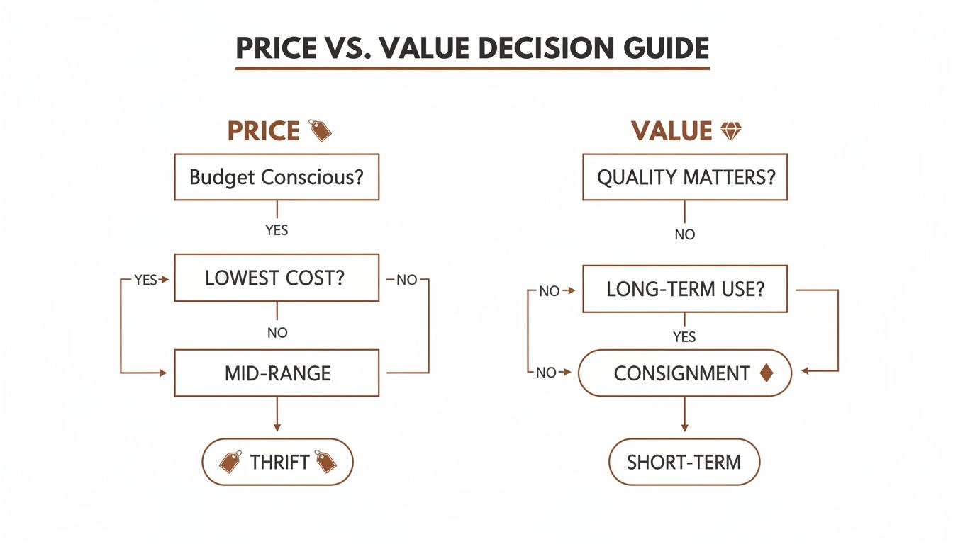 A flowchart illustrating price vs. value decisions, guiding choices for thrift, mid-range, consignment, and short-term items.