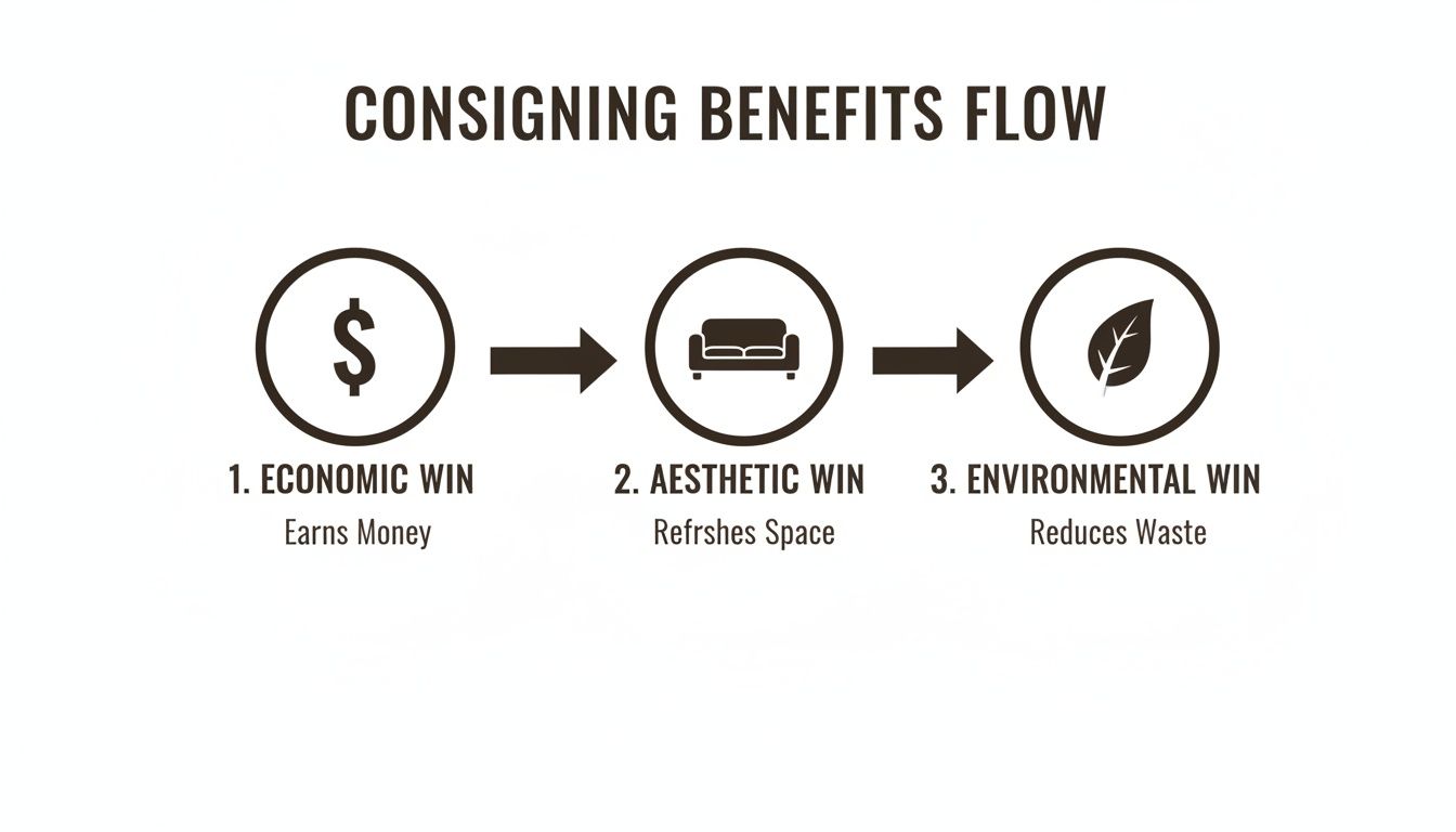 Flowchart showing consigning benefits: economic (earns money), aesthetic (refreshes space), and environmental (reduces waste).