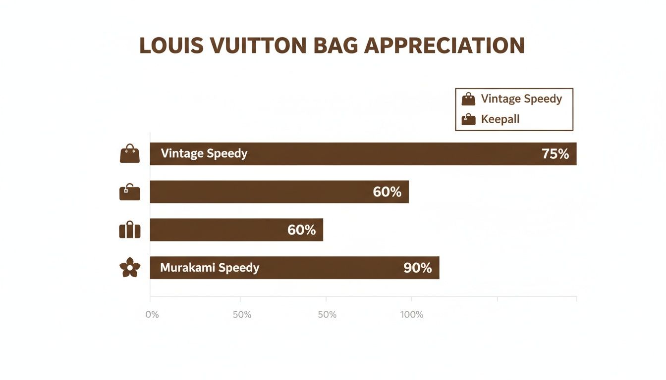 Horizontal bar chart illustrating Louis Vuitton bag appreciation, showing Murakami Speedy at 90% and Vintage Speedy at 75%.