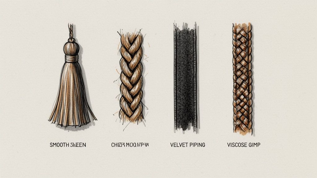 Four illustrations of various decorative textile trims: a tassel, a coarse braid, velvet piping, and a fine gimp braid.