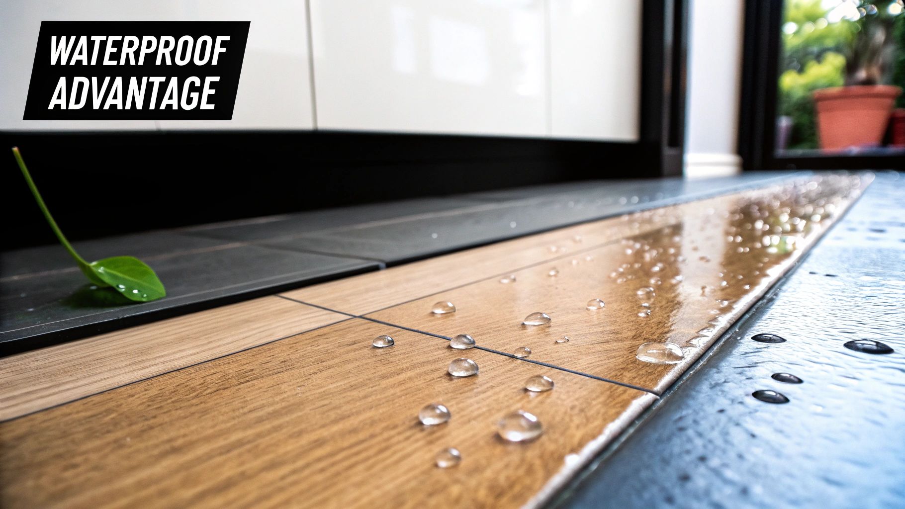 Close-up of waterproof wood-look and dark flooring with water droplets, showcasing a waterproof advantage.